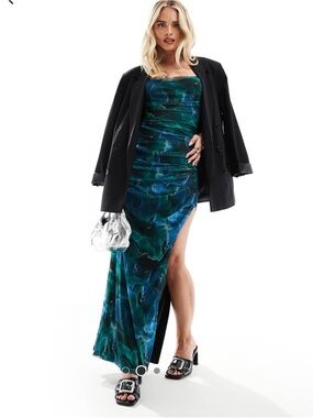 ASOS Teal Marble Strapless Maxi Dress with Side Slit